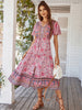 Summer Dress Women Sexy V Neck Floral Print Boho Beach Dress Casual Loose Lace Up Split Mid Calf Party Dresses For Women 2023