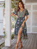 Summer Dress Women Sexy V Neck Floral Print Boho Beach Dress Casual Loose Lace Up Split Mid Calf Party Dresses For Women 2023