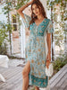 Summer Dress Women Sexy V Neck Floral Print Boho Beach Dress Casual Loose Lace Up Split Mid Calf Party Dresses For Women 2023