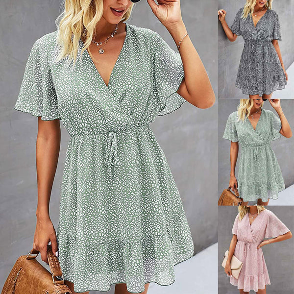 Summer Dress Women Small Dot Print Chiffon Ruffle Short Ladies Sleeve Dresses Casual V-Neck Femme Elegant Dress Commuter