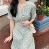 Summer Dress Women's 2023 Floral Long Dress V Neck Puff Sleeve Waist Dress Gentle Korean Style Sweet Casual Dress