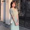Summer Dress Women's 2023 Floral Long Dress V Neck Puff Sleeve Waist Dress Gentle Korean Style Sweet Casual Dress