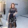 Summer Dress Women's High-End Black Mesh Sequins Embroidered Round Neck Dress High Waist Slimming Temperament Formal Dress