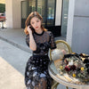 Summer Dress Women's High-End Black Mesh Sequins Embroidered Round Neck Dress High Waist Slimming Temperament Formal Dress