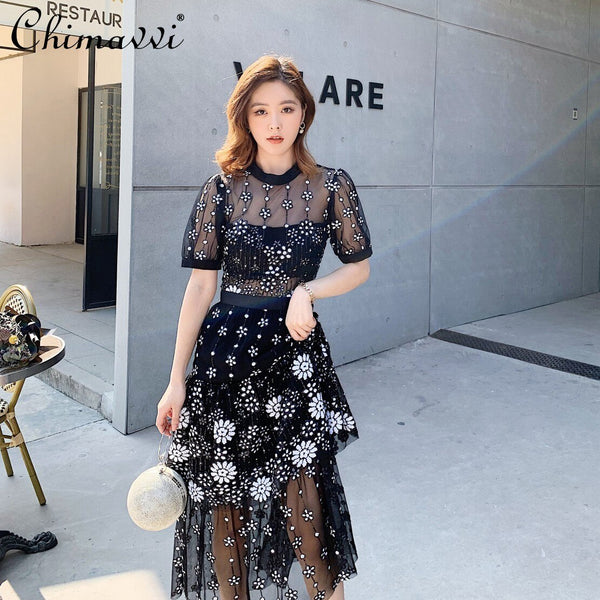 Summer Dress Women's High-End Black Mesh Sequins Embroidered Round Neck Dress High Waist Slimming Temperament Formal Dress