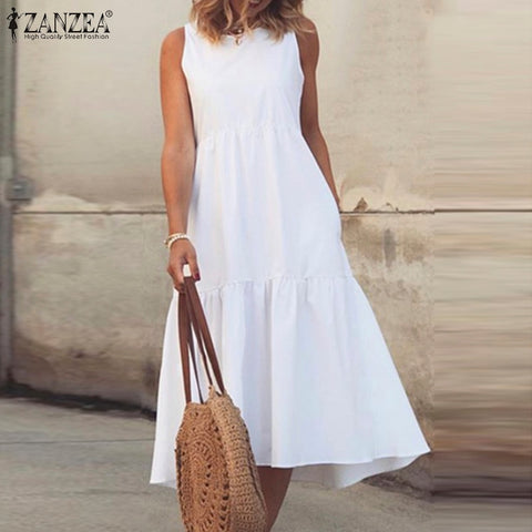 Summer Dress ZANZEA Women O Neck Sleeveless Solid Ruffles Sundress  Holiday Midi Vestidos Female Sarafans Tanks Dresses