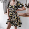 Summer Dress for Women Short Sleeve Knee Length Casual Square Collar Lantern Sleeve Floral Print Sweet Ruffle Dresses 18618