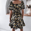 Summer Dress for Women Short Sleeve Knee Length Casual Square Collar Lantern Sleeve Floral Print Sweet Ruffle Dresses 18618