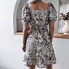 Summer Dress for Women Short Sleeve Knee Length Casual Square Collar Lantern Sleeve Floral Print Sweet Ruffle Dresses 18618