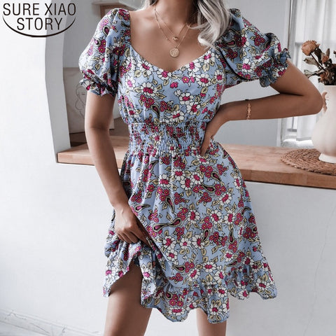Summer Dress for Women Short Sleeve Knee Length Casual Square Collar Lantern Sleeve Floral Print Sweet Ruffle Dresses 18618