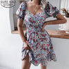 Summer Dress for Women Short Sleeve Knee Length Casual Square Collar Lantern Sleeve Floral Print Sweet Ruffle Dresses 18618