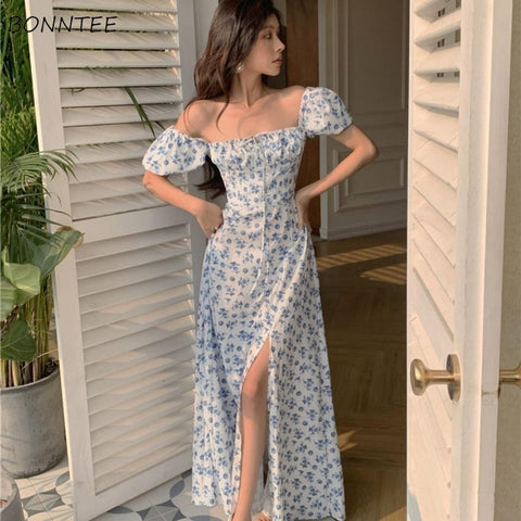 Summer Dressers Women A-LINE Puff Sleeve Floral Harajuku Sexy Female All-match Students Clothing Leisure Streetwear Slim Elegant