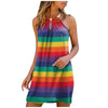 Summer Dresses For Women Rainbow Striped Beach Dresses Metal Hanging Neck Strapless Party Dress Vestidos De Mujer Casual Dress