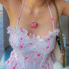 Summer E-girl Streetwear Floral Printing Camisoles Women Sleeveless Halter Lace Ruffles Hem Patchwork Sling Backless Crop Tops