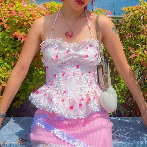 Summer E-girl Streetwear Floral Printing Camisoles Women Sleeveless Halter Lace Ruffles Hem Patchwork Sling Backless Crop Tops