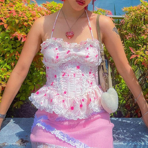 Summer E-girl Streetwear Floral Printing Camisoles Women Sleeveless Halter Lace Ruffles Hem Patchwork Sling Backless Crop Tops