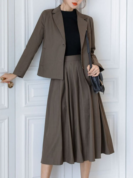 Summer Elegant Casual Women Skirts Suit Long Sleeve Jackets High Waist Skirt Two Pieces Set Female Korean Outfits Cloths