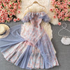 Summer Elegant Chiffon Floral Strap Dress women's Mesh Stitching Strapless Mixi Dress Holiday Ladies Vestidos 2023 Robe