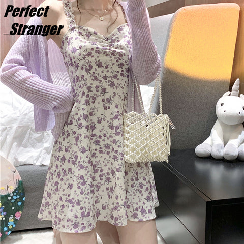Summer Elegant Floral Dress Women Sexy V-Neck French Vintage Strap Dress Casual Chiffon Slim Sleeveless Y2k Party Dress 2023 New