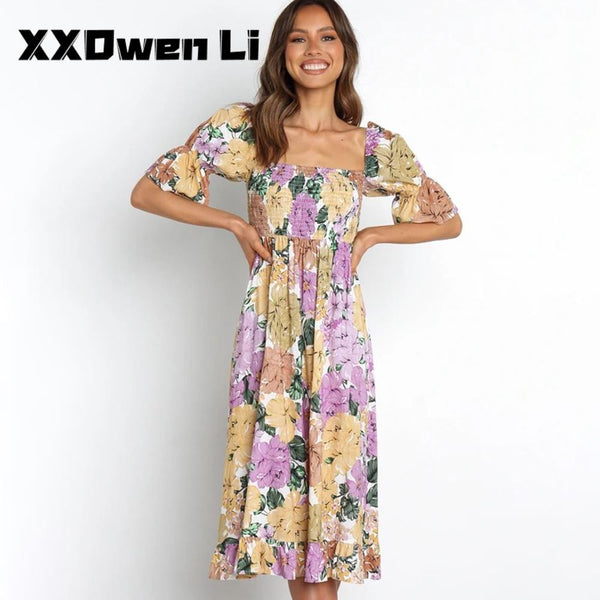 Summer Elegant Floral Print Midi Dress For Women 2023 Short Sleeve Slim Lantern Sleeve Dress Ladies Beach Boho Dresses