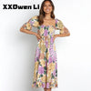 Summer Elegant Floral Print Midi Dress For Women 2023 Short Sleeve Slim Lantern Sleeve Dress Ladies Beach Boho Dresses