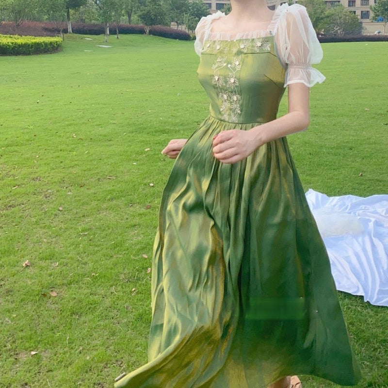 Summer Elegant Green Dress Women French Vintage Lace Patchwork Sweet D |  GraceQueens
