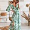 Summer Elegant V-neck Long Dress Women Floral Split Maxi Dress Holiday Boho Beach Dress Casual Three-quarter Print Dress