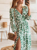 Summer Elegant V-neck Long Dress Women Floral Split Maxi Dress Holiday Boho Beach Dress Casual Three-quarter Print Dress