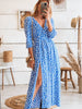 Summer Elegant V-neck Long Dress Women Floral Split Maxi Dress Holiday Boho Beach Dress Casual Three-quarter Print Dress