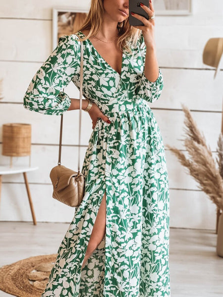 Summer Elegant V-neck Long Dress Women Floral Split Maxi Dress Holiday Boho Beach Dress Casual Three-quarter Print Dress