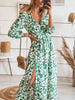 Summer Elegant V-neck Long Dress Women Floral Split Maxi Dress Holiday Boho Beach Dress Casual Three-quarter Print Dress