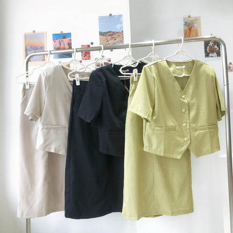 Summer Elegant Women's Skirt Set Short Sleeve V-Neck Suit High Waist Skirt Two-Piece Set Solid Color Female Korean Clothing