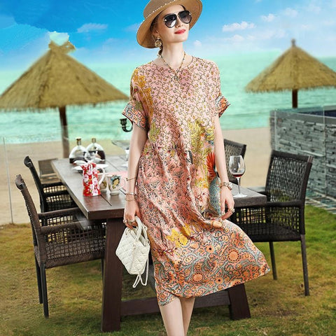 Summer Embroidery Solid Mulberry Silk Midi Dress 2022 Casual Pink 4XL Plus Size Chiffon Dress Women Elgant Bodycon Party Vestido