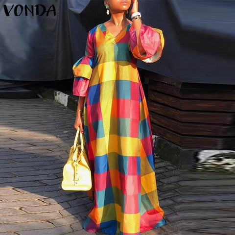 Summer Evening Party Maxi Dress Women Vintage Plaid Patchwork Dress 2022 VONDA Sexy Puff Sleeve Holiday Vestidos