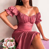 Summer Fairy Dress Women Short Butterfly Sleeve Solid Ruched Party High Split Long Maxi Dress Drawstring Sexy Vestidos Sundress