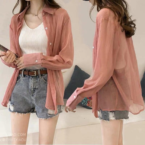 Summer Fairy Korean version all-match large size solid color blouse blouse long sleeves loose thin long style