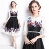 Summer Fall Floral Print O-Neck Long Sleeve Women Ladies Party Elegant Temperament Sweet and lovely Belt Tunic Midi Skater Dress