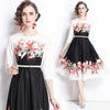 Summer Fall Floral Print O-Neck Long Sleeve Women Ladies Party Elegant Temperament Sweet and lovely Belt Tunic Midi Skater Dress