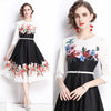 Summer Fall Floral Print O-Neck Long Sleeve Women Ladies Party Elegant Temperament Sweet and lovely Belt Tunic Midi Skater Dress