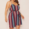Summer  Chubby Women Plus Size Stripe Print Camis V-Neck Sleeveless Bandage Spaghetti Strap Dress