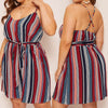 Summer  Chubby Women Plus Size Stripe Print Camis V-Neck Sleeveless Bandage Spaghetti Strap Dress