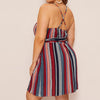Summer  Chubby Women Plus Size Stripe Print Camis V-Neck Sleeveless Bandage Spaghetti Strap Dress