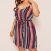 Summer  Chubby Women Plus Size Stripe Print Camis V-Neck Sleeveless Bandage Spaghetti Strap Dress