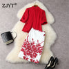 Summer Designers Runway Women's Set Elegant Office Lady 2 Piece Outfits Party Red Blouse and Print Pencil Skirt Suit