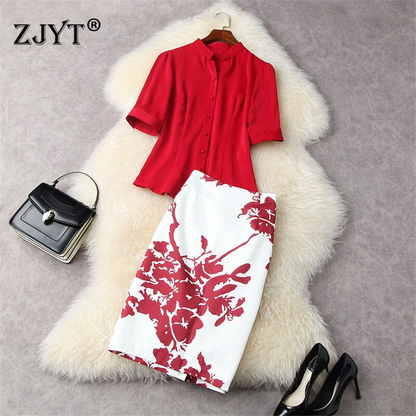 Summer Designers Runway Women's Set Elegant Office Lady 2 Piece Outfits Party Red Blouse and Print Pencil Skirt Suit