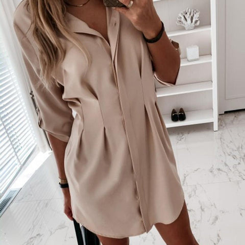 Summer Dresses Women Casual 3/4 Sleeve Button Irregular Hem Stitched Waist Long Shirt Mini Dress Vestidos Women Clothing