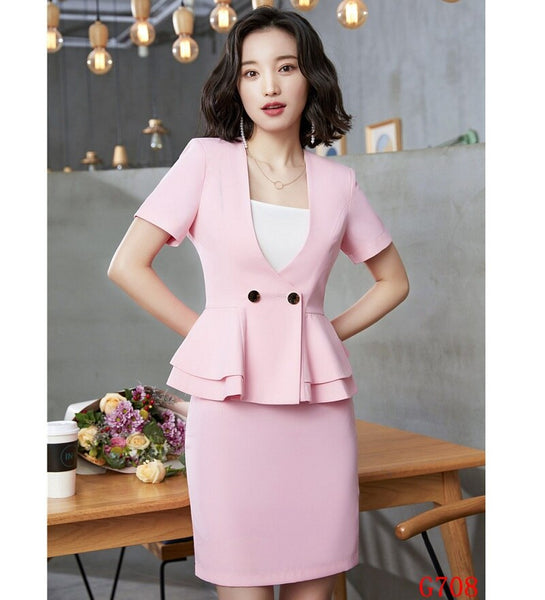Summer Female Skirt Suits for Women Blazer and Jacket Sets Pink Office Ladies Work Wear Clothes
