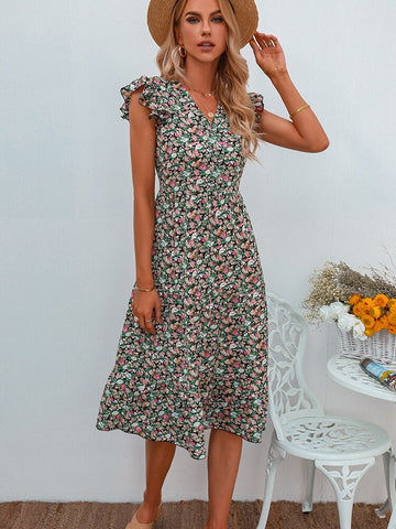Summer Floral Midi Dress Women Print V Neck Dress Sleeveless Boho Beach A-line Dress Casual Street Vintage Woman Dress