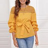 Summer Hollow Out Blouse Shirts Long Sleeve Belted Women Tops Casual Vintage Solid Shirts Elegant Lace-up O Neck Blouses