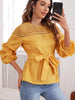 Summer Hollow Out Blouse Shirts Long Sleeve Belted Women Tops Casual Vintage Solid Shirts Elegant Lace-up O Neck Blouses
